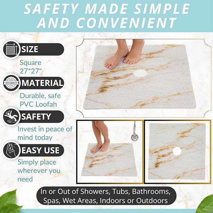 Enkosi Loofah Shower Mat with Drain Hole – Cushioned Anti-Slip Square Bath Mat - Image 3