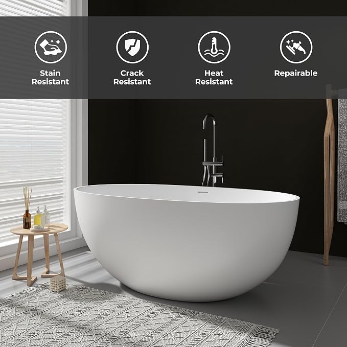 SJ STAR&JANE 55" Solid Surface Freestanding Bathtub, Stone Resin Oval Soaking - Image 3