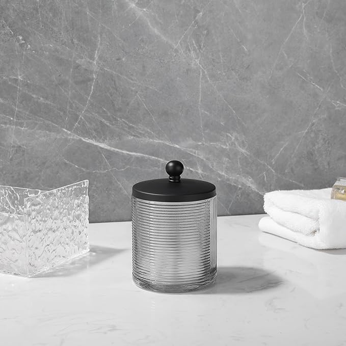 Gray Colored Tranlucent Apothecary Ribbed Geo Etched Glass Jar W/Matte Black - Image 7