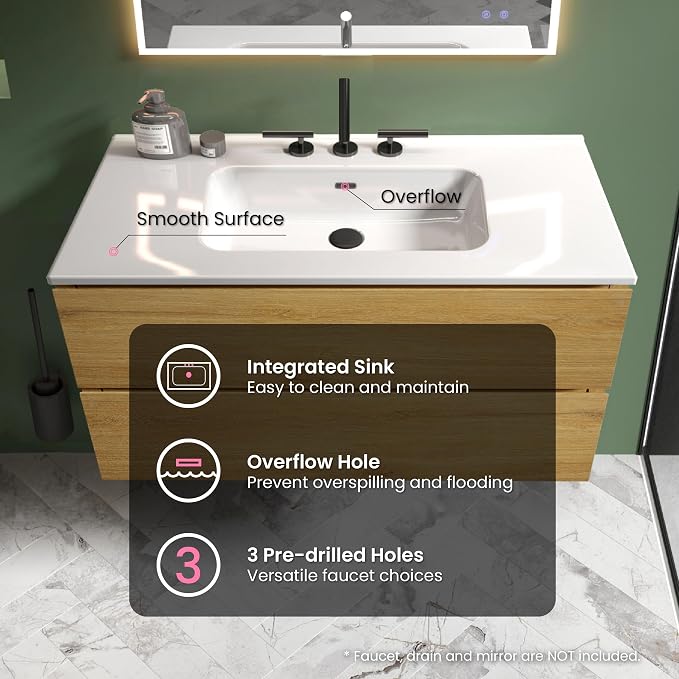 36" Bathroom Vanity with Sink, Modern Floating Vanity with Double Soft-Closing - Image 4