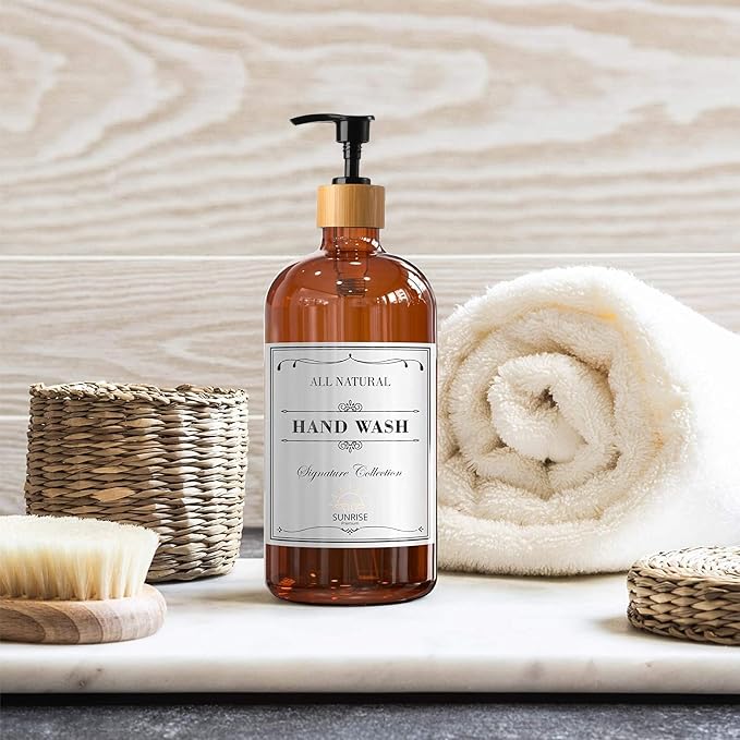 16 OZ Thick Amber Glass Soap Dispenser, Bamboo Pump - Image 5