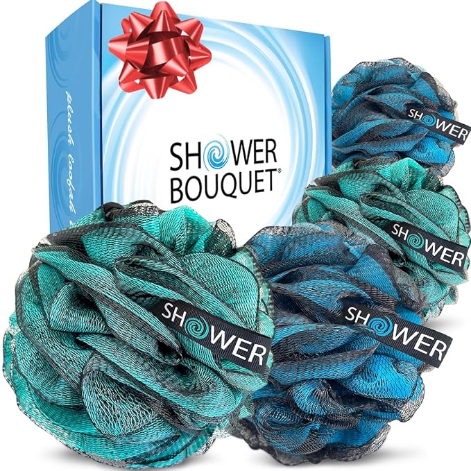 SHOWER BOUQUET Loofah-Charcoal Bath-Sponge XL-4-Pack-Blue-Green // Extra Large by ShowerBouquet%C2%AE