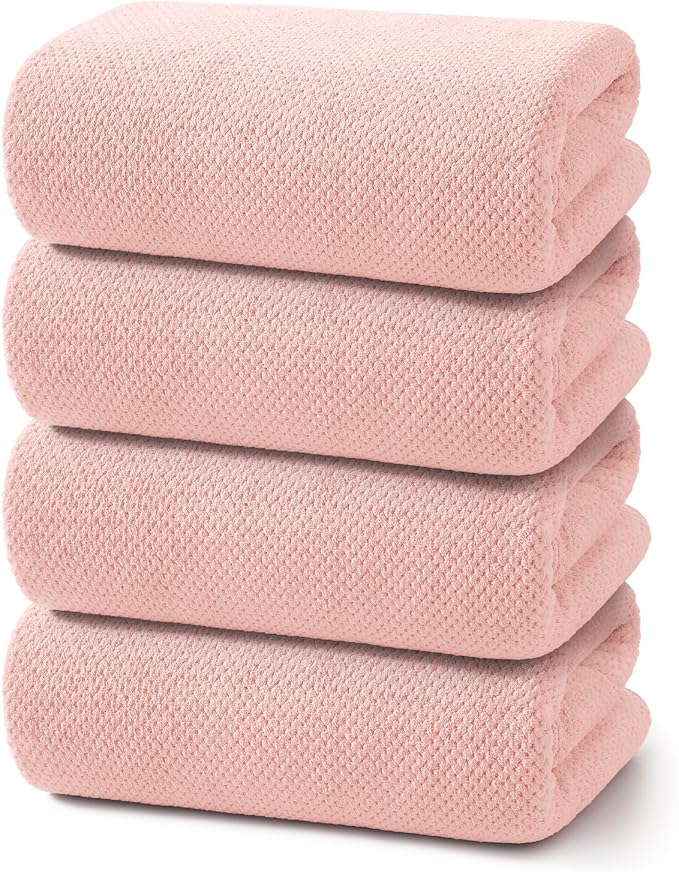 REDKISS 4 Pack Pink Bath Towels, 35 x 70 in Extra Large Coral Fleece Bath Towel by REDKISSOnline