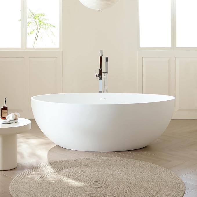 SJ STAR&JANE 67" x 39" Matte White Solid Surface Freestanding Bathtub, Oval by SJSTARJANE