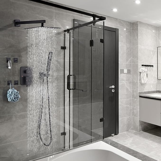 Shower Faucet Set, Matte Black Rainfall Shower System Complete Wall Mounted - Image 3