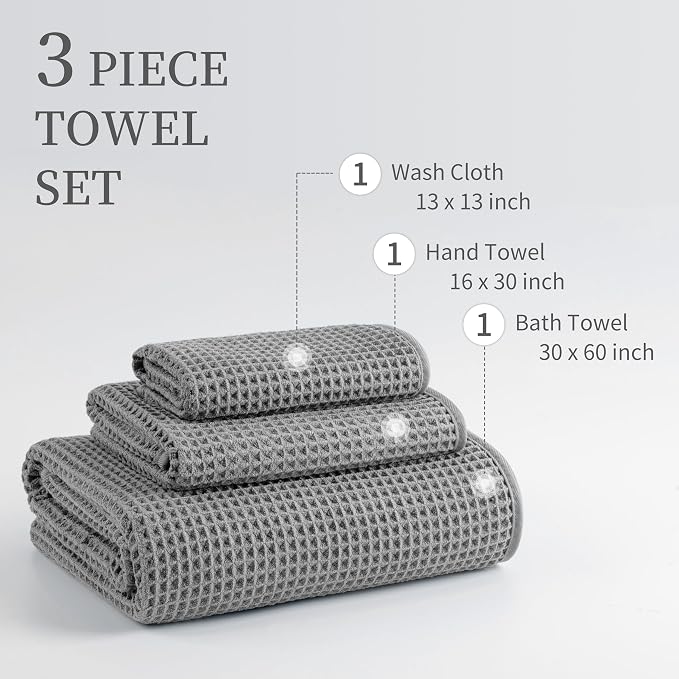 New Microfiber Waffle Bath Towels, 3 Pieces, Fast Drying, Lint Free, Includes - Image 3