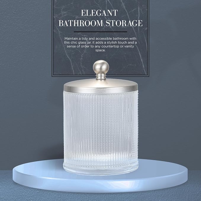 Clear Transparent Apothecary Ribbed Geometric Etched Glass Jar W/Satin Nickel - Image 6