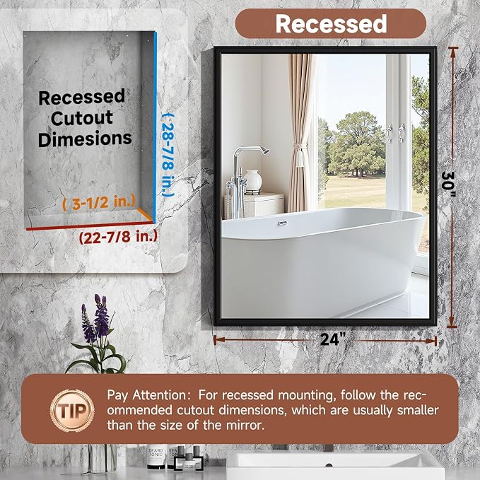 24x30 Inch Medicine Cabinet Mirror Black Bathroom Cabinet - Image 2