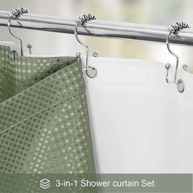 3 in 1 Extra Long Shower Curtain Set-72 W x 84 H, Sage Green Waffle and PEVA - Image 2