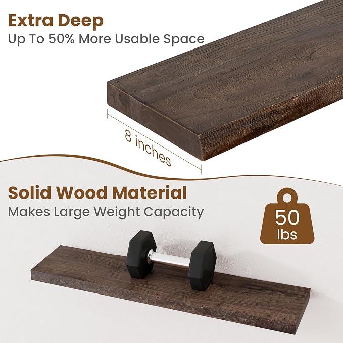 Floating Shelves for Wall Decor, Rustic Solid Elm Wood Live Edge Floating - Image 5