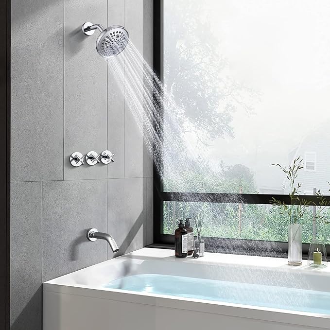 PROOX 3 Handle Tub Shower Faucet Set, 9-Setting Rainfall Shower Head - Image 6