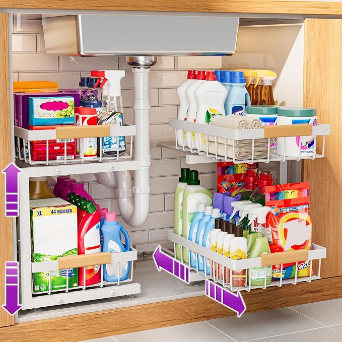 ADBIU Under Sink Organizer, 2 Pack 2 Tier Expandable Height Under-Sink Bathroom by ADBIU