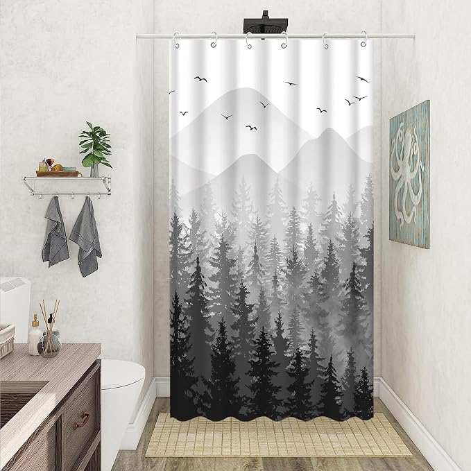 Aipon Black Misty Forest Shower Curtain Gray Ombre Nature Tree Plants Shower by Aipon