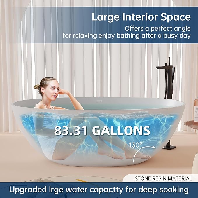 65'' Freestanding Bathtub Resin Stone Soaking Freestanding Tubs Matte Solid - Image 4