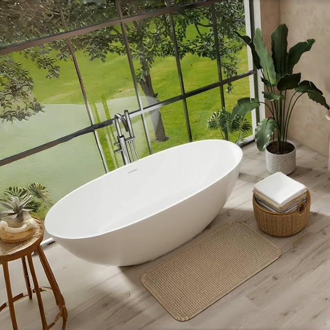 Abruzzo 65" Glossy White Freestanding Solid Surface Bathtub, Luxury Handcrafted - Image 2
