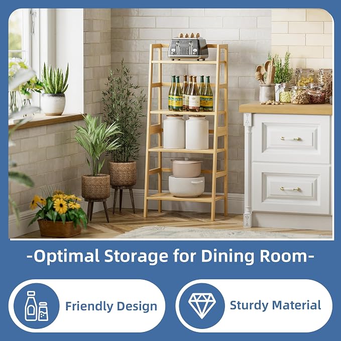 HITNET Ladder Shelf, 4-Tier Bookshelf, Bamboo Leaning Bookcase, Display Storage - Image 4