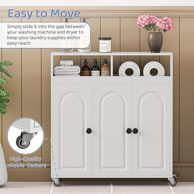 Bathroom Storage Cart with Doors，3-Door Cabinet & Divided Open Shelf，Rolling - Image 6