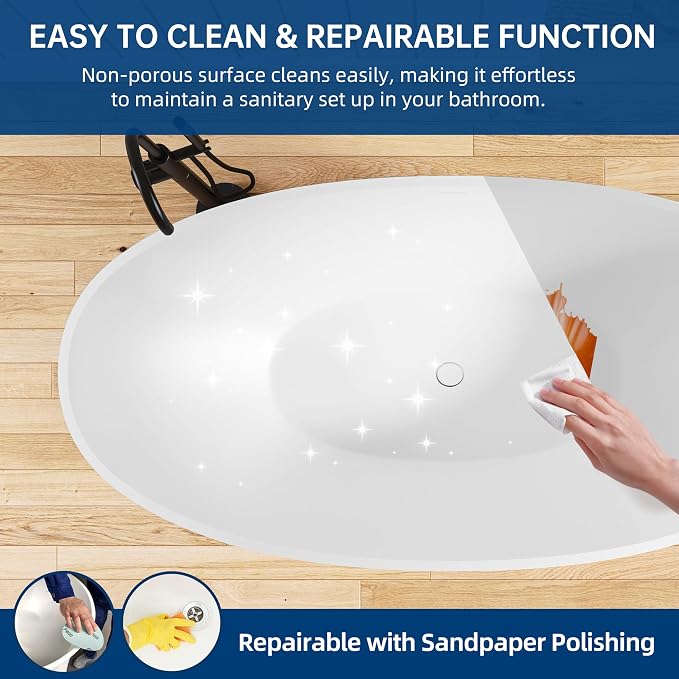 71'' Freestanding Solid Surface Resin Stone Bathtub, Freestanding Tub, - Image 7