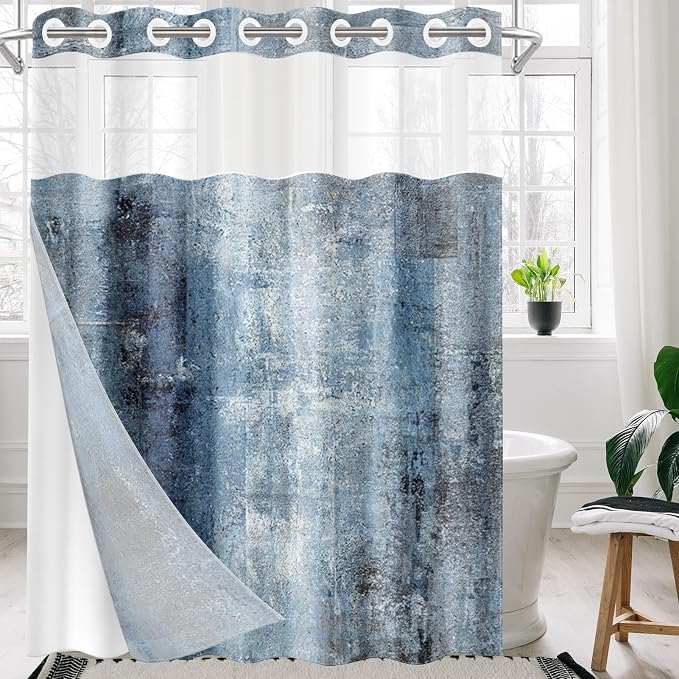 No Hook Grey Navy Blue Painting Shower Curtain - Image 7