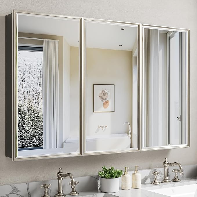 Pre-Assembled Surface or Recessed Medicine Cabinet Mirror-48x30 Brushed Nickel by QUEENFUN