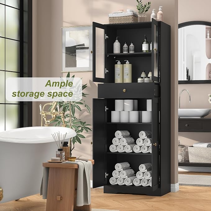 Space-Saving 67 Inch Bathroom Linen Cabinet, Freestanding Tall Storage Tower - Image 3