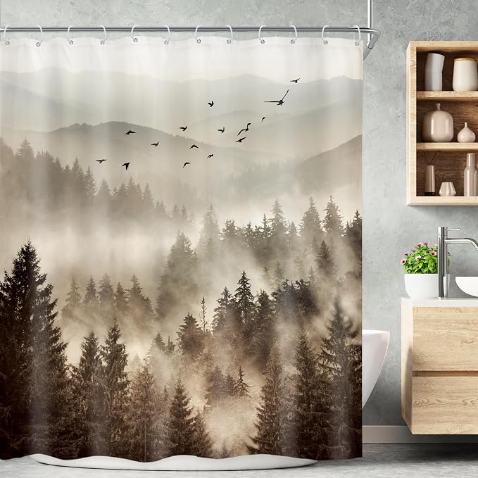 Riyidecor Foggy Mountain Shower Curtain 60Wx72H Inch Nature Rustic Woodland by Riyidecor