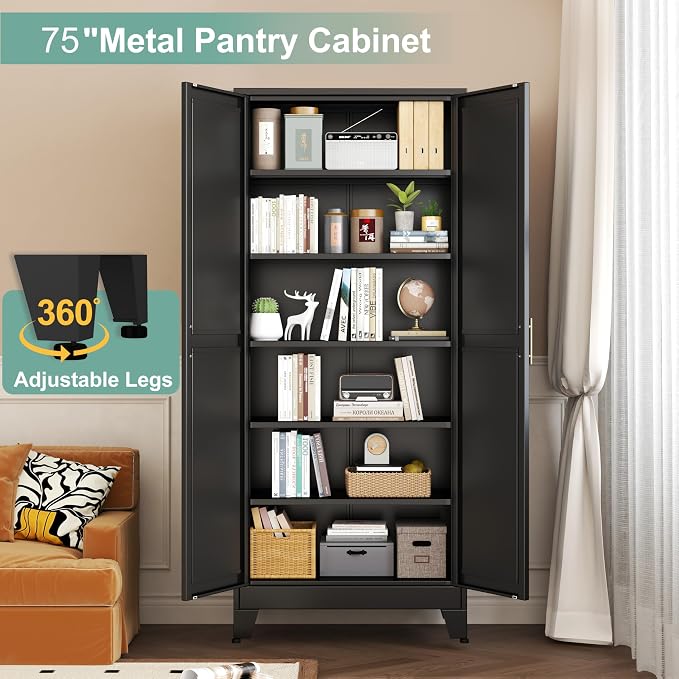 Metal Pantry Cabinet with 2 Doors and 5 Adjustable Shelves, Versatile Storage - Image 6
