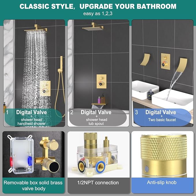 Temperature Display 2 Way Shower Valve Brass Rough-in and Rectangle Trim Kit - Image 4