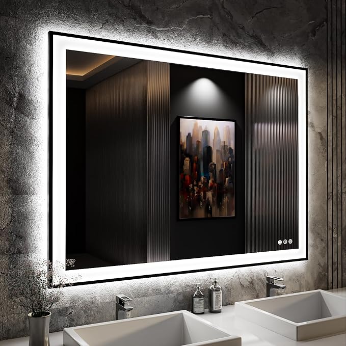ISKM Framed LED Mirror for Bathroom 48"x36", Dimmable LED Bathroom Mirror by ISKM-IStillKeepMovin