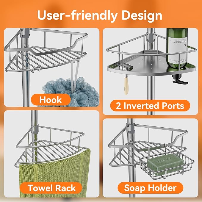 Corner Shower Caddy Tension Pole Rustproof, 4 Tier Adjustable Shower Organizer - Image 7