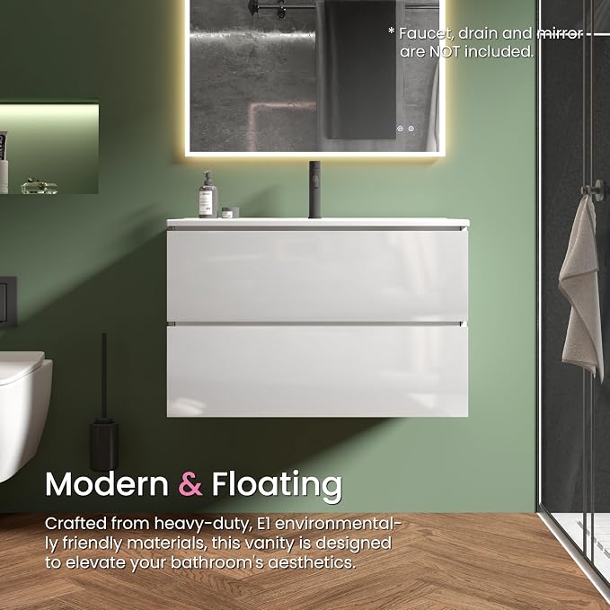 30" Bathroom Vanity with Sink, Modern Floating Vanity with Double Soft Closing - Image 4