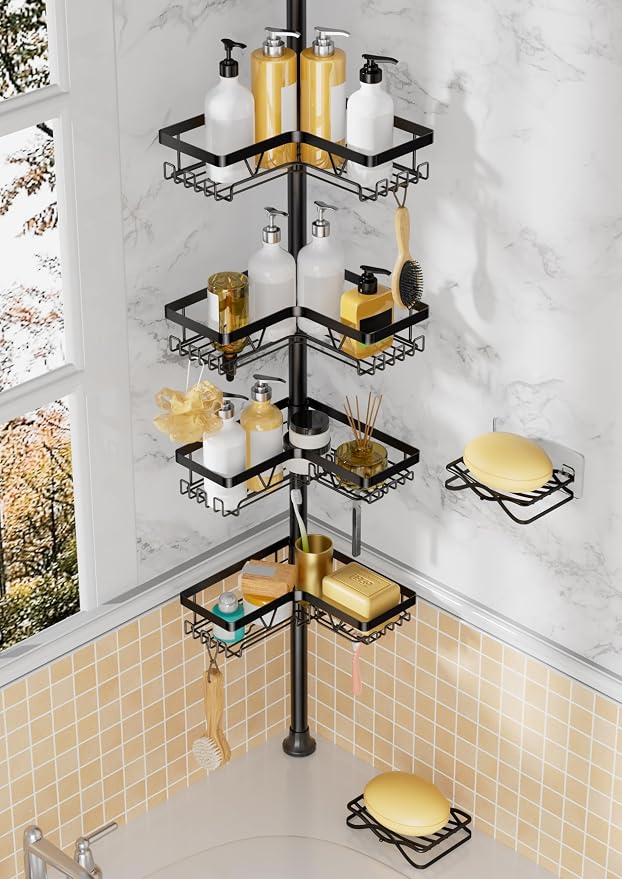 Corner Shower Caddy + 2 Soap Holders, 4 Tier Shower Caddy Tension Pole by DAOYA
