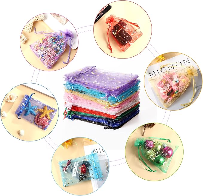 Hopttreely 100 Pieces Moon Star Organza Bags, Mixed Color 4x4.72 Satin - Image 5