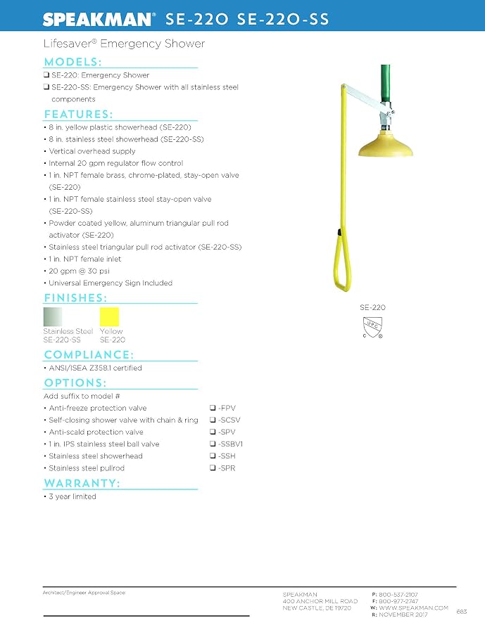 Speakman SE-220 Lifesaver Vertical Supply Emergency Shower - Image 2
