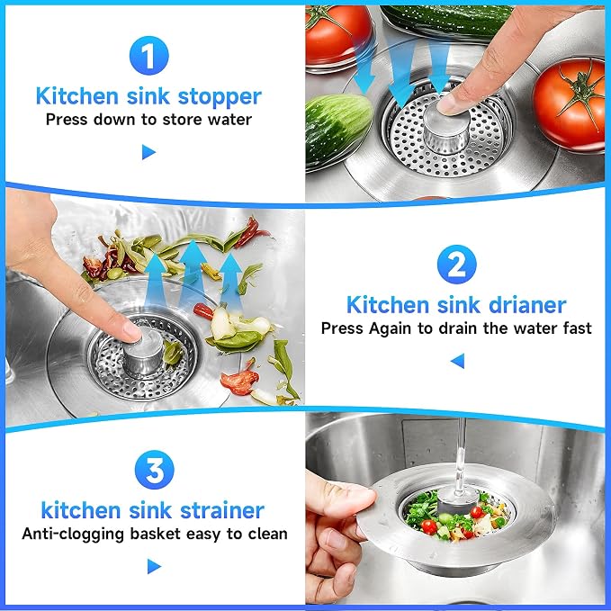 3 in 1 Kitchen Sink Drain Strainer Sink Stopper, Stainless Steel Sink Drain - Image 3