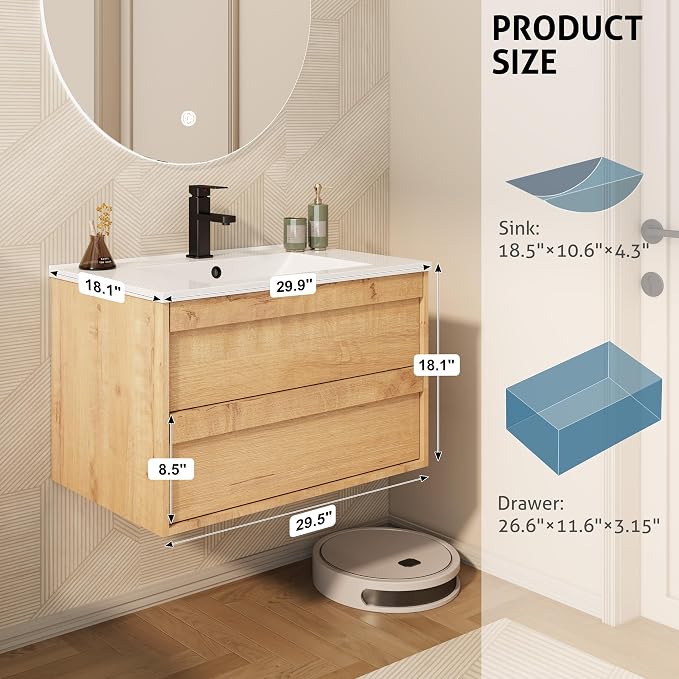 eclife 30" Floating Bathroom Vanity Sink Combo, Wall Mounted Modern Minimalist - Image 2