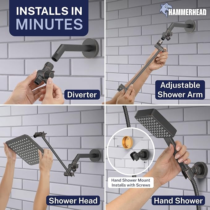 HammerHead® Solid Metal Dual Shower Head Combo — 8" Square Rain Shower Head - Image 5