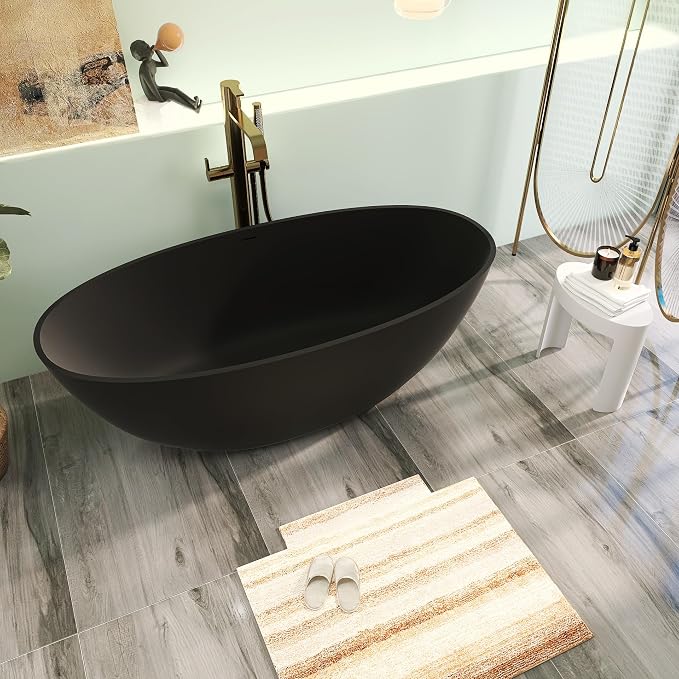 65" Premium Matte Black Solid Surface Freestanding Bath Tub, Oval Stone Resin - Image 2