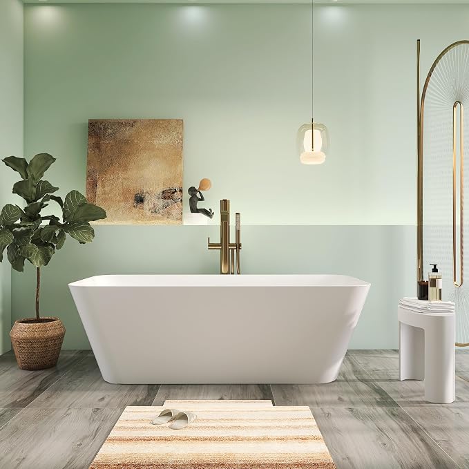 67" Premium Solid Surface Stone Resin Freestanding Bathtub, Matte White Stand by HIGEINE