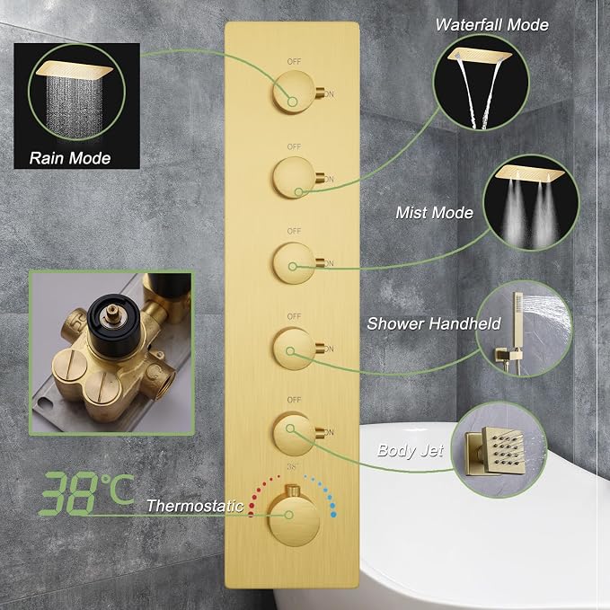 Thermostatic Shower System Brushed Gold Shower Faucet Set - Image 6