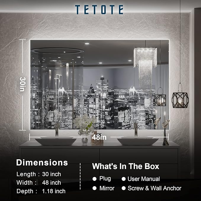 TETOTE 48 x 30 LED Backlit Bathroom Mirror - Image 6