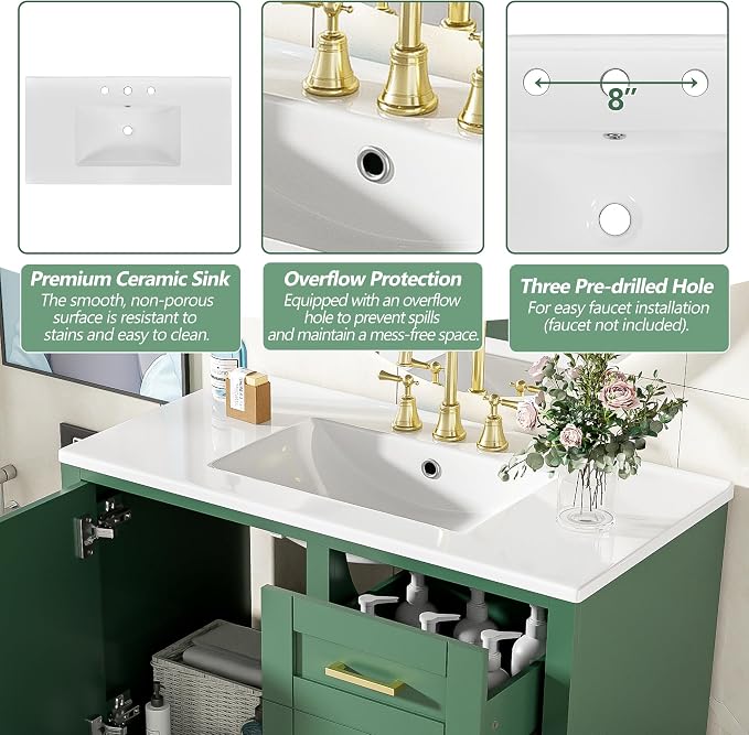 36" Bathroom Vanity with Solid Pine Frame, 1 Soft Close Door and 3 Drawers - Image 6