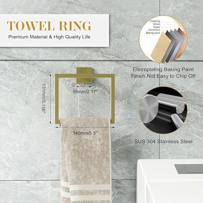 Bathroom Accessory Towel Bar Set: 15 Pieces Gold Bathroom Hardware Square - Image 3