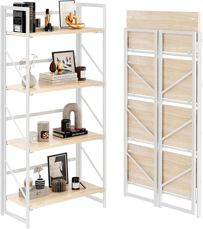 JSB No Assembly Folding Bookshelf, 4 Tier Industrial Metal Book Shelf by HomeFurniture