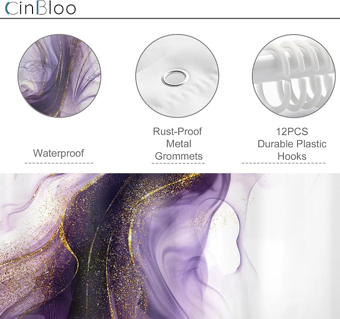Cinbloo Purple Shower Curtain 60Wx72H Abstract Marble Ombre Gold Bathroom Decor - Image 6