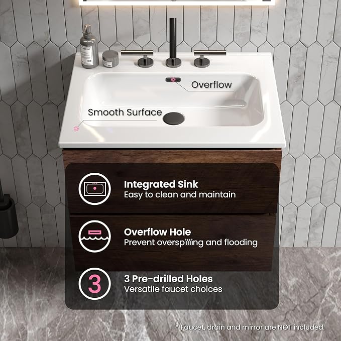 24" Bathroom Vanity with Sink, Modern Floating Vanity with Double Soft Closing - Image 4