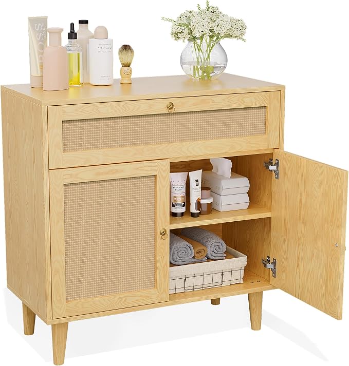 Storage Cabinet with Rattan Decor Doors & Drawer, Modern Bathroom Floor Storage - Image 3