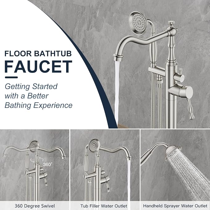 Brushed Nickel Bathtub Faucet Freestanding Tub Filler High Pressure Single - Image 4