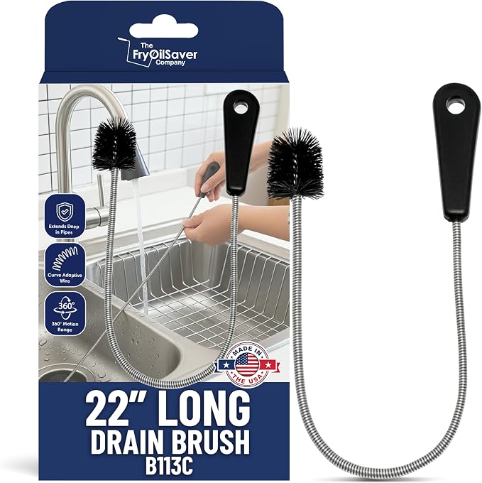 22" Long Sink Drain Cleaning Brush by FryOilSaver Co., Clog Remover by THEFRYOILSAVERCOMPANY
