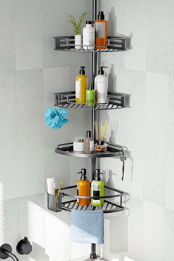 HAMITOR Corner Shower Caddy Tension Pole: Quick Installation 4-Tier Rustproof by HAMITOR